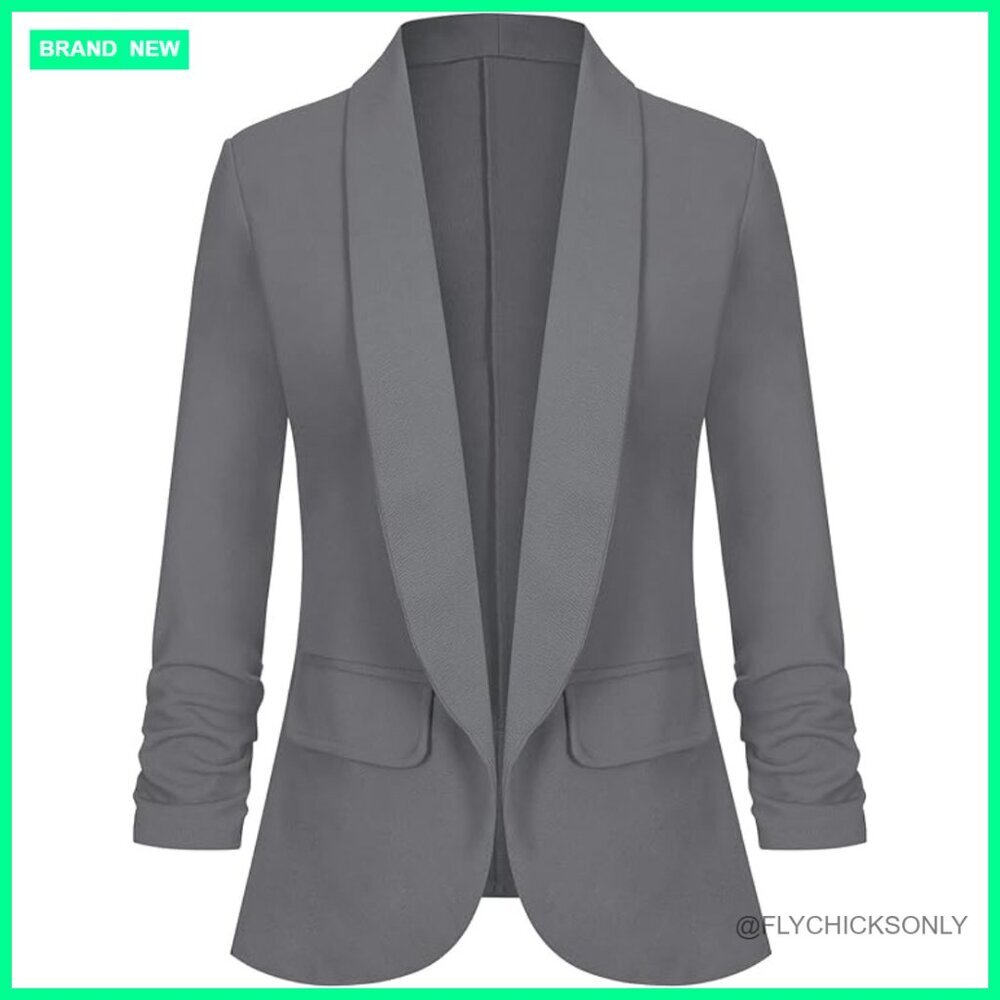 Lightweight Stretch Blazer with 3/4 Ruched Sleeves Shawl Lapel